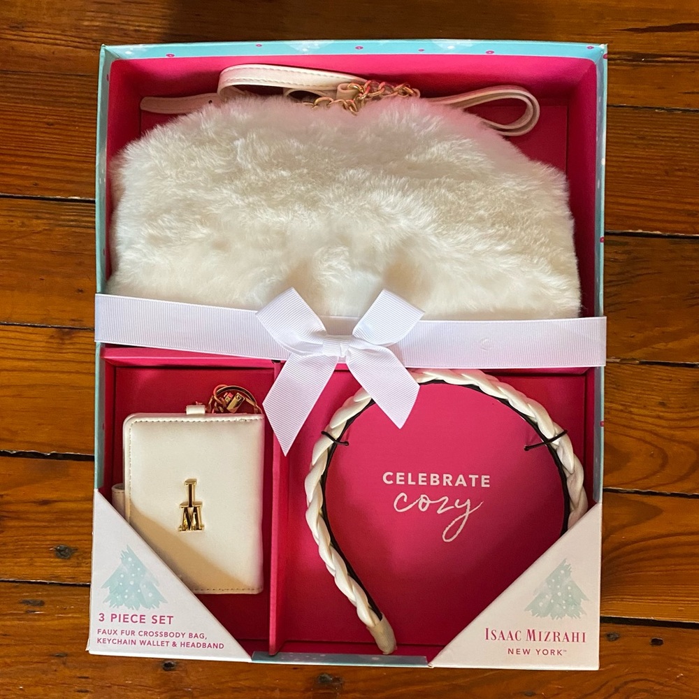 Isaac Mizrahi Faux Fur Crossbody Bag, Keychain Wallet & Headband NIB